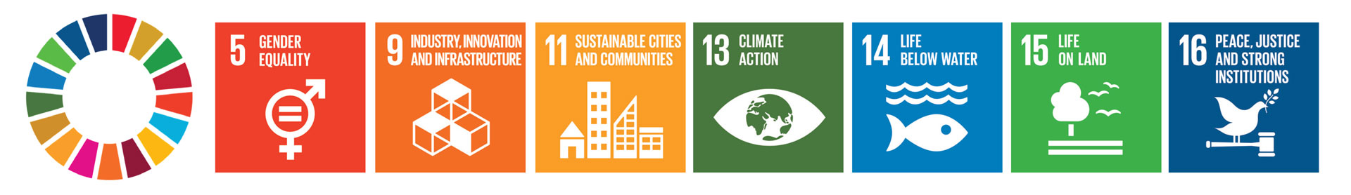 Goal 5 Gender Equality - Goal 9 Industry, innovation and infrastructure - Goal 11 Sustainable Cities and Communities - Goal 13 Climate Action - Goal 14 Life below water - Goal 15 Life on land - Goal 16 Peace, Justice and strong institutions